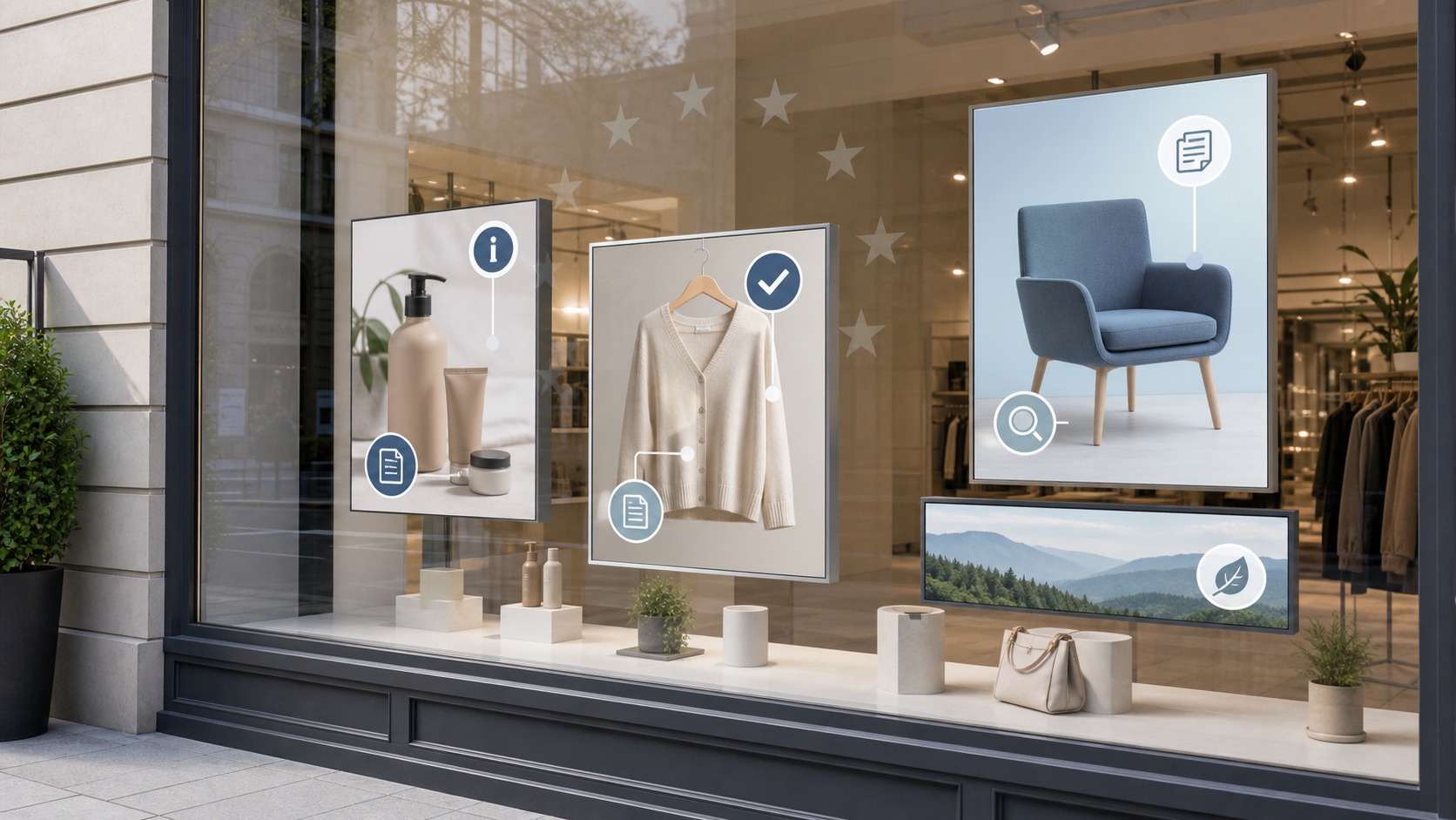 A European retail storefront window shows digital product ad mockups and small transparency label icons.